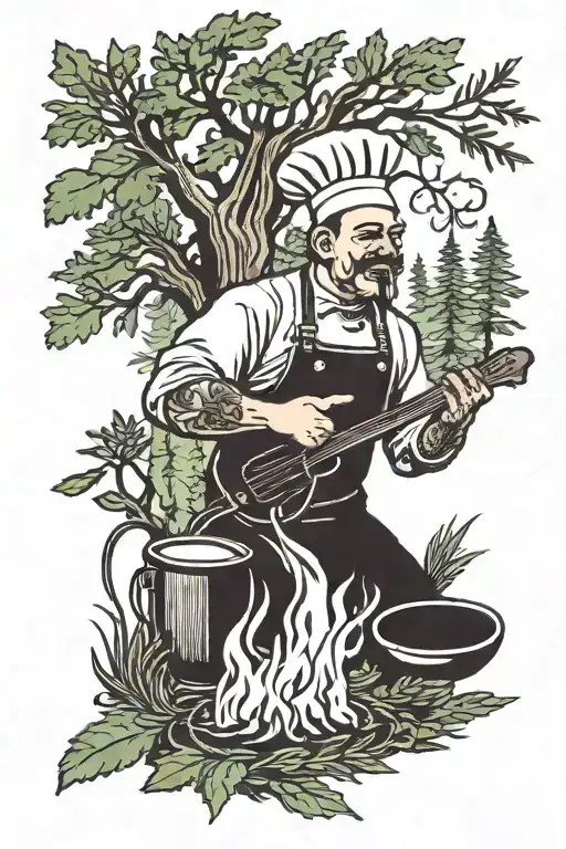 A traditional style tattoo of a chef cooking over a campfire in a forest filled with rosemary plants, with heavy metal symbols carved into the trees tattoo design idea