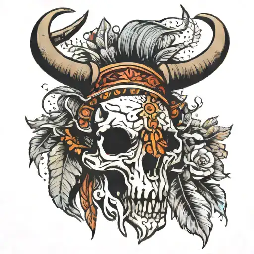Buffalo skull with a head dress  tattoo design idea