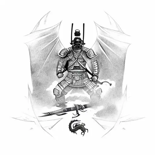 samurai wearing a gas mask cutting a dragons head with a dark katana tattoo design idea