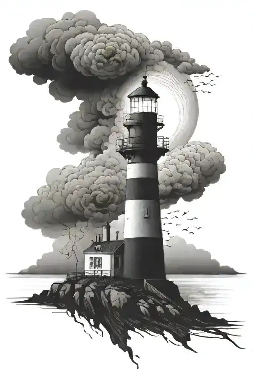 black lighthouse with dark storm cloud tattoo design idea