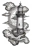 black lighthouse with black clouds surrounding tattoo design idea