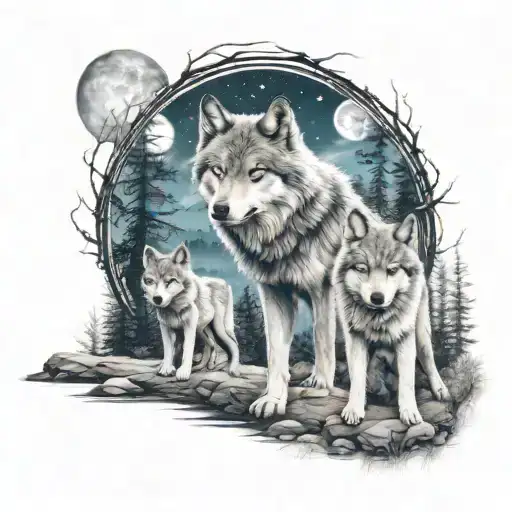 A mystical forest scene with a majestic alpha wolf leading two adorable wolf pups under the moonlight tattoo design idea