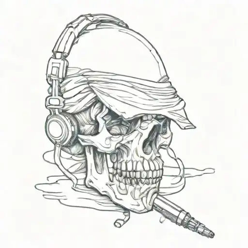 A skull with a blindfold holding a microphone tattoo design idea