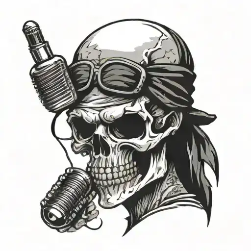 A skull with a blindfold holding a microphone tattoo design idea