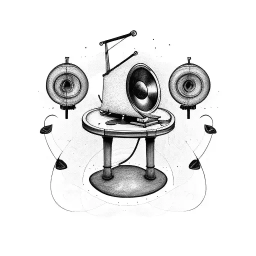 cartoon gramophone surrounded my music notes and drums tattoo design idea