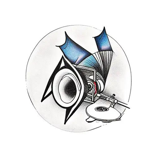 cartoon gramophone surrounded my music notes and drums tattoo design idea