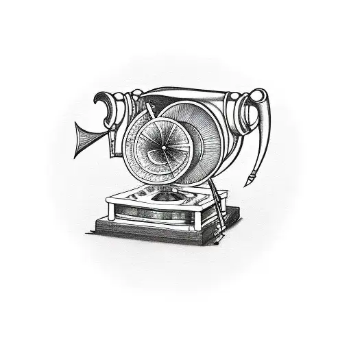 cartoon gramophone surrounded my music notes and drums tattoo design idea