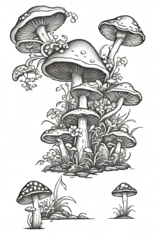 mushroom garden scene tattoo design idea