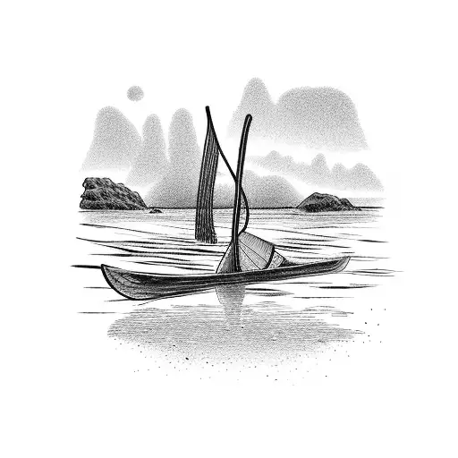 A serene hiking trail leading to a hidden beach, with an outrigger canoe waiting at the shore tattoo design idea