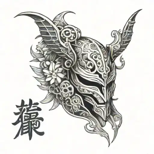 Create a unique tattoo featuring a kabuto mask and a hanya mask intertwined with intricate patterns, reflecting the client's favorite things tattoo design idea
