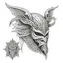 Create a unique tattoo featuring a kabuto mask and a hanya mask intertwined with intricate patterns, reflecting the client's favorite things tattoo design idea