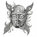 Create a unique tattoo featuring a kabuto mask and a hanya mask intertwined with intricate patterns, reflecting the client's favorite things tattoo design idea