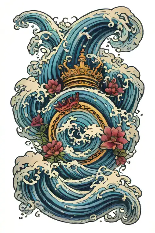A japanese wave of water and at the top a crown withh a flower of Lys on it tattoo design idea