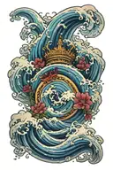 A japanese wave of water and at the top a crown withh a flower of Lys on it tattoo design idea