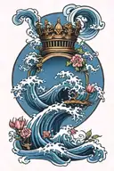 A japanese wave of water and at the top a crown withh a flower of Lys on it tattoo design idea