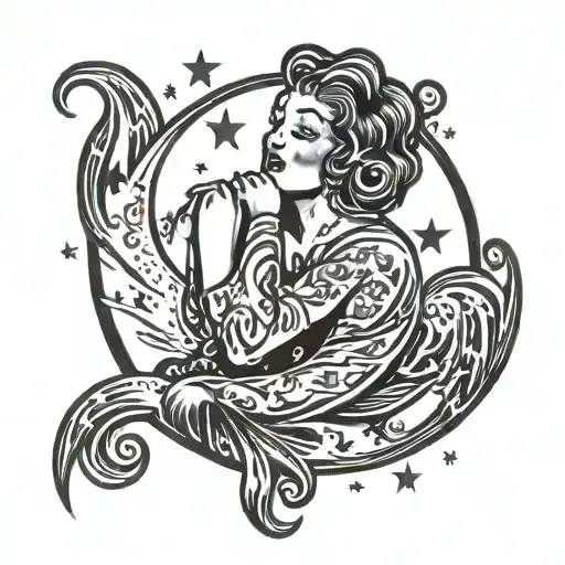 lady hugging a moon with stars in the background tattoo design idea