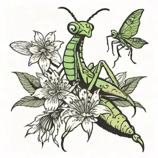 praying mantis ripping the head off of another praying mantis with flowers in the background tattoo design idea