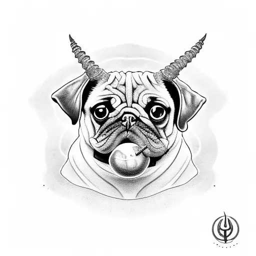 satanic pug with black eyes, with snail tongue tattoo design idea