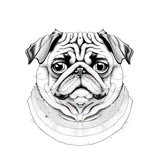 angry pug, without eyes, with snail tongue, bagel frame tattoo design idea