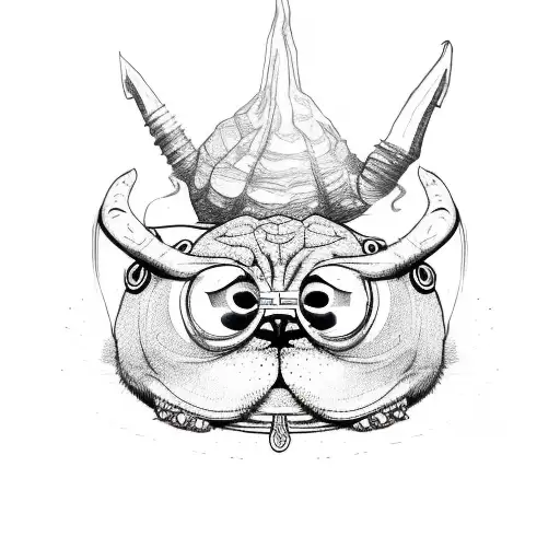 satanic pug with black eyes, with snail tongue, bagel frame tattoo design idea