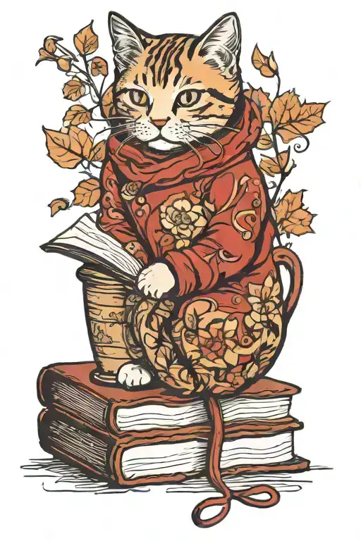 autumn books coffee cozy red cat curled tattoo design idea