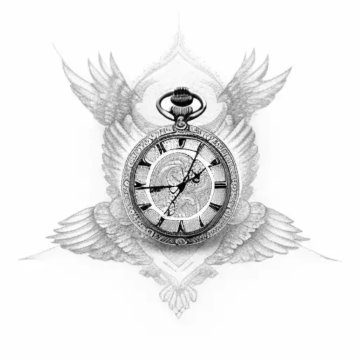 An intricately designed pocket watch with a Latin quote and an eagle in the background tattoo design idea