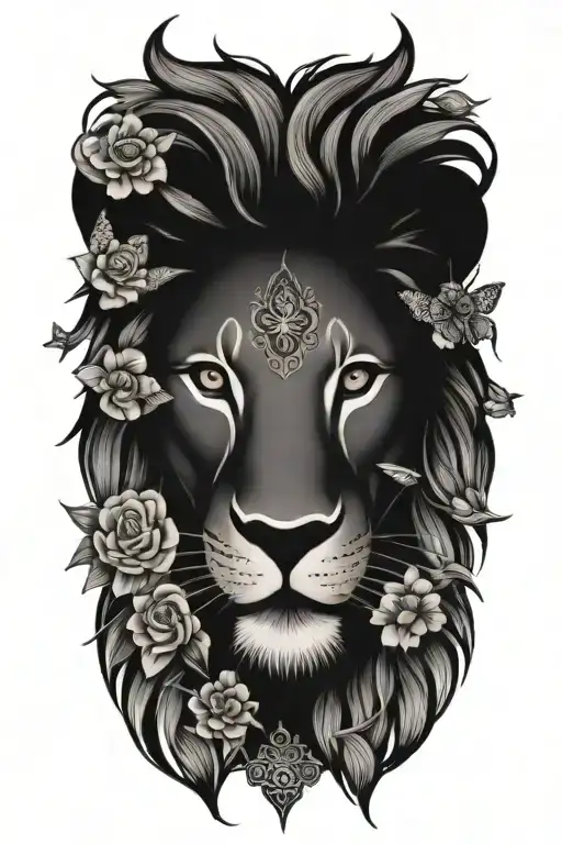 lion with flowers, butterflies and mandala tattoo design idea