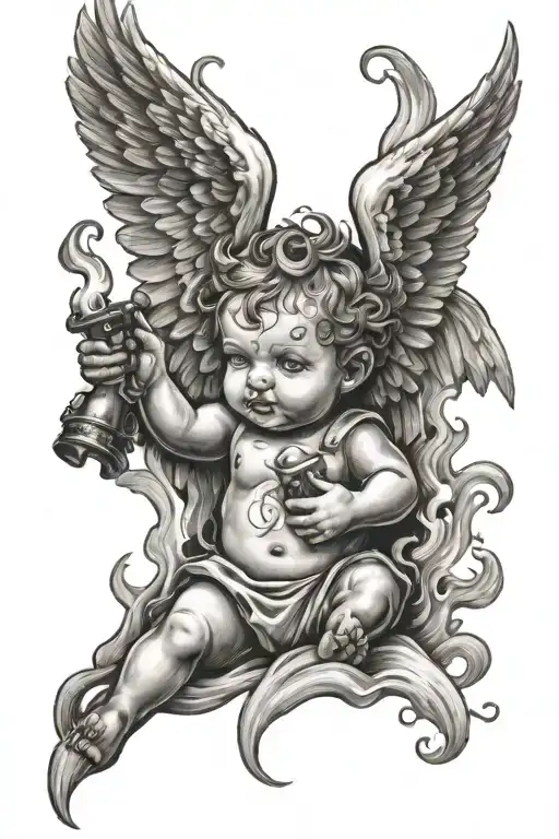 baby angel holding a molotov with flames and smoke  tattoo design idea