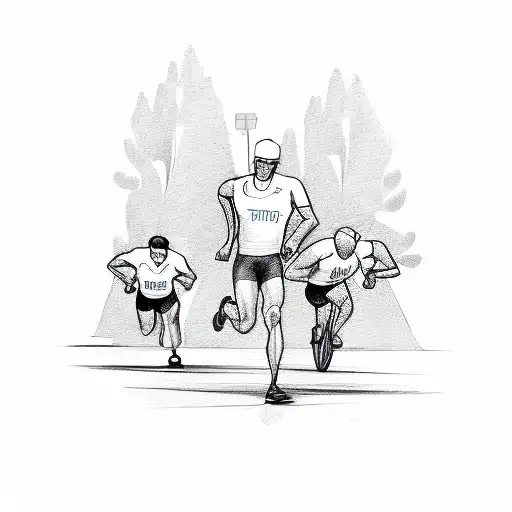 A sketch-style illustration of a triathlon coach guiding athletes through a race, capturing the passion and dedication of the occupation tattoo design idea