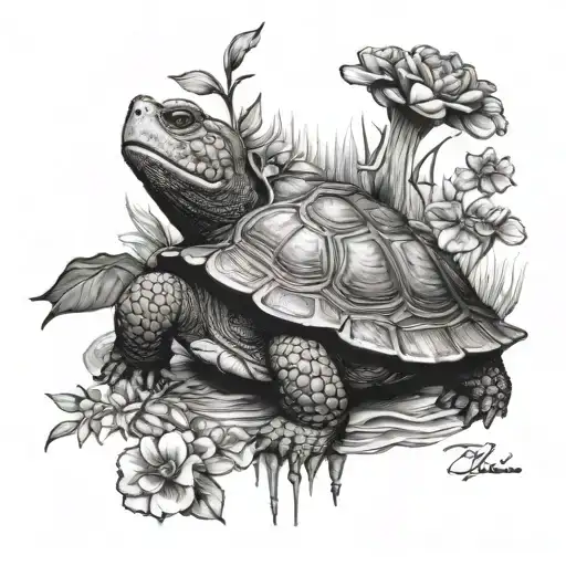 snapping turtle and florals tattoo design idea