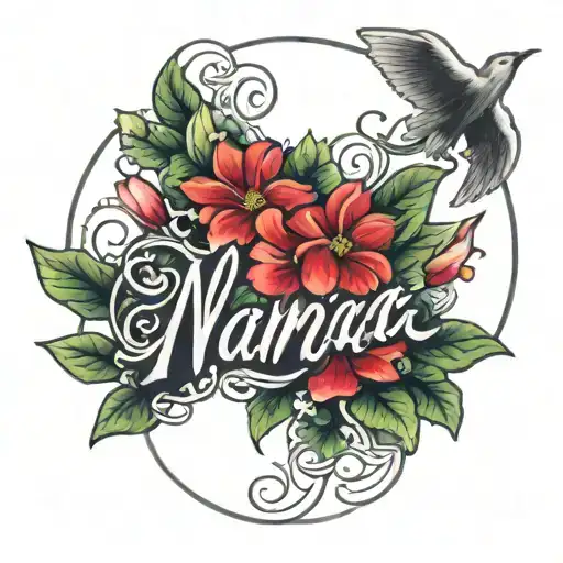 tattoo sketch of the names in cursive Nana + Papa surrounded by petunias and daises with vines and angel wings tattoo design idea
