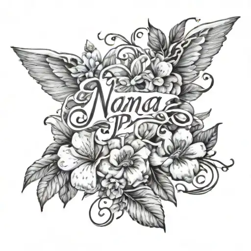 tattoo sketch of the names in cursive Nana + Papa surrounded by petunias and daises with vines and angel wings tattoo design idea