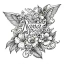 tattoo sketch of the names in cursive Nana + Papa surrounded by petunias and daises with vines and angel wings tattoo design idea
