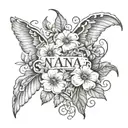 tattoo sketch of the names in cursive Nana + Papa surrounded by petunias and daises with vines and angel wings tattoo design idea