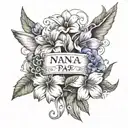 tattoo sketch of the names in cursive Nana + Papa surrounded by petunias and daises with vines and angel wings tattoo design idea