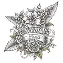 tattoo sketch of the names in cursive Nana + Papa surrounded by petunias and daises with vines and angel wings tattoo design idea