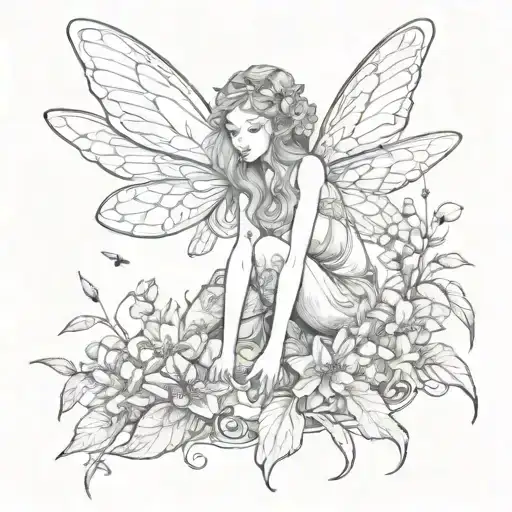 A sketch of a fairy perched on a blooming flower, surrounded by delicate dragonflies, creating a whimsical and enchanting scene tattoo design idea