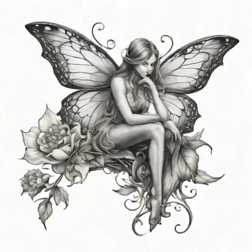 A delicate fairy sitting on a blooming flower, symbolizing the magic found in both nature and imagination tattoo design idea