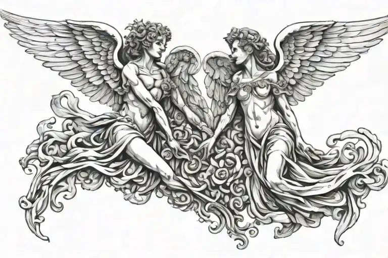 two black and white artistic angels tattoo design idea