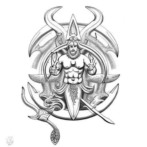Poseidon with trident, mermaid,fury, storm, sea, sharks and stingray  tattoo design idea