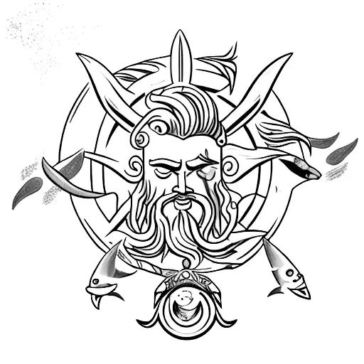 Poseidon with trident, mermaid,fury, storm, sea, sharks and stingray  tattoo design idea