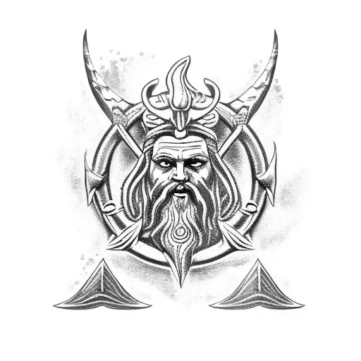 Poseidon with trident, mermaid,fury, storm, sea, sharks and stingray  tattoo design idea
