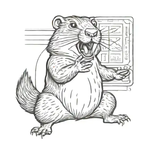 a screaming groundhog holding a MacBook in his left paw and showing his middle finger with the other paw tattoo design idea