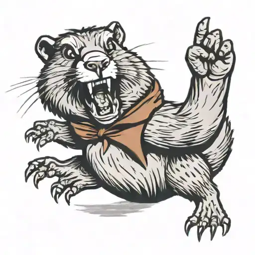 a screaming groundhog holding a MacBook in his left paw and showing his middle finger with the other paw tattoo design idea