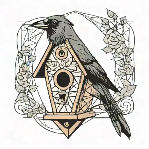 jackdaw in birdhouse minimal geometric tattoo design idea