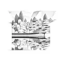 A race track circuit blending into a serene lake scene tattoo design idea