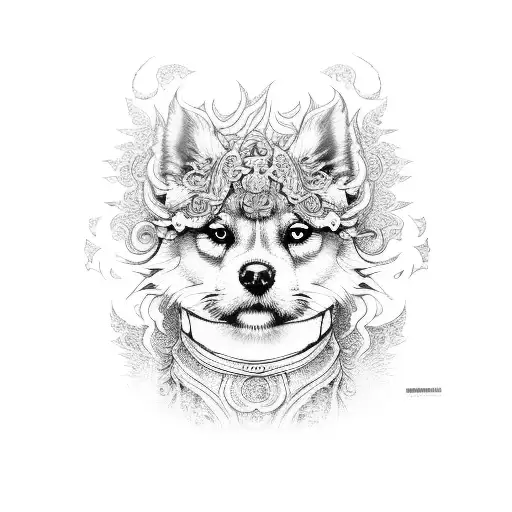 A detailed fu dog surrounded by intricate dotwork patterns tattoo design idea