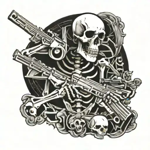 echo of war skeleton with machine gun lying skull sprouted tattoo design idea