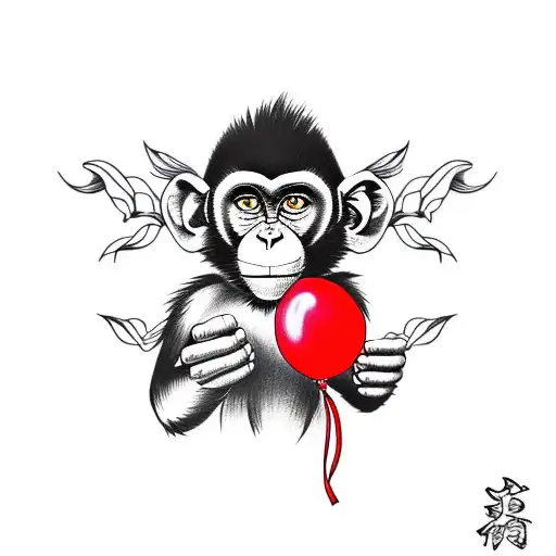 monkey holding 3 red balloons tattoo design idea