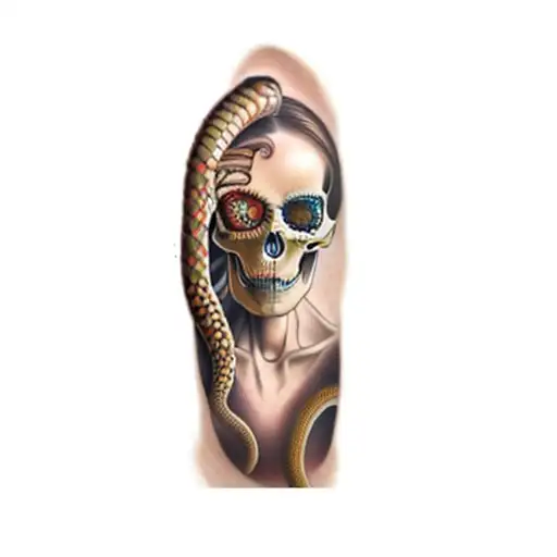 a woman and a skeleton and snakes  tattoo design idea